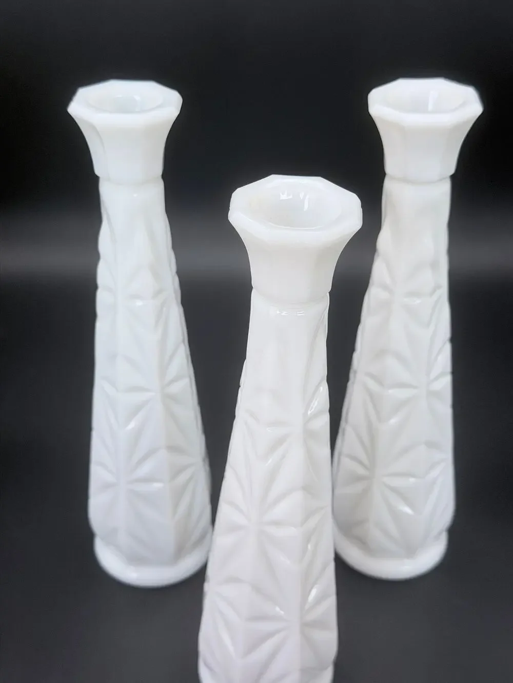 Vintage Hoosier Glass 4044 Milk Glass Starburst Bud Vases 9 Inch Set of 3